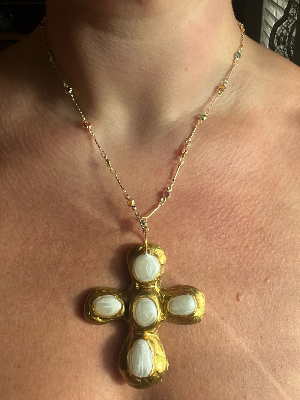 Gold-Tone Cross Pendant Necklace with White Inlay - Women Jewelry